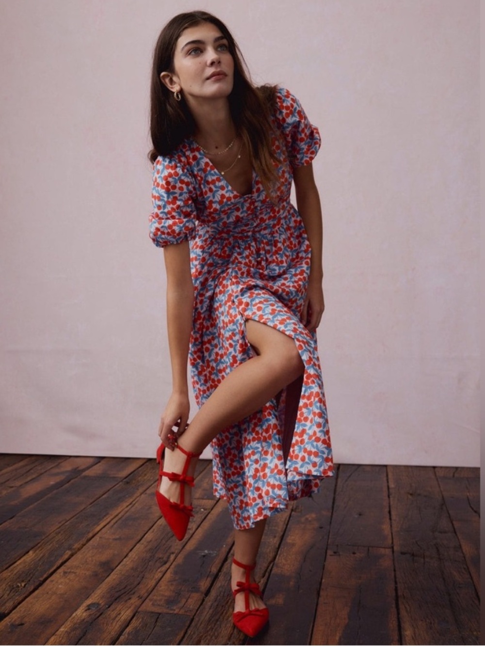 Boden Lillian Puff Sleeve Cotton Midi Dress Cherry Cascade print Pockets 22